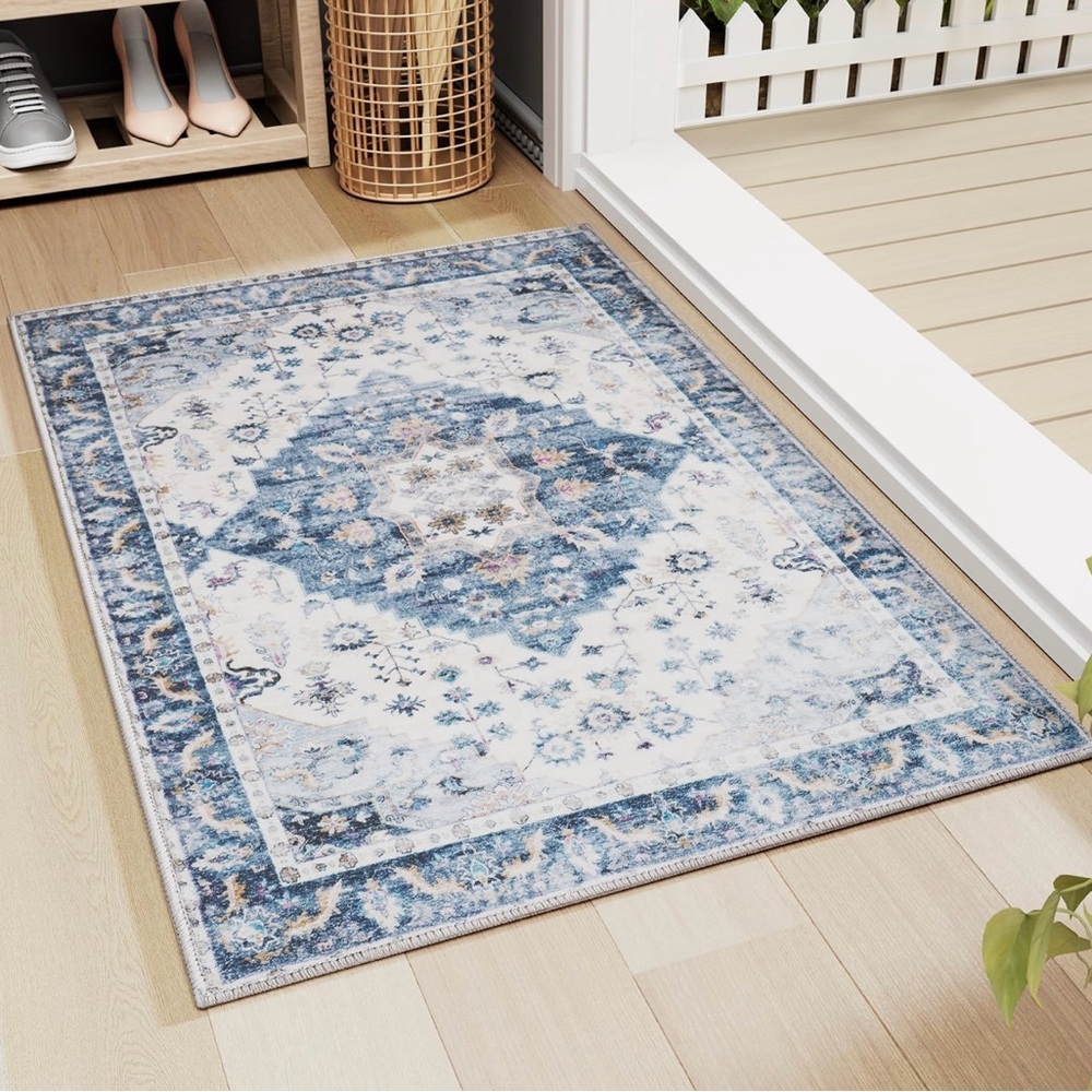 2x3 Area Rug Cream and Blue, Non-Slip, Machine Washable, Indoor, Low Pile
